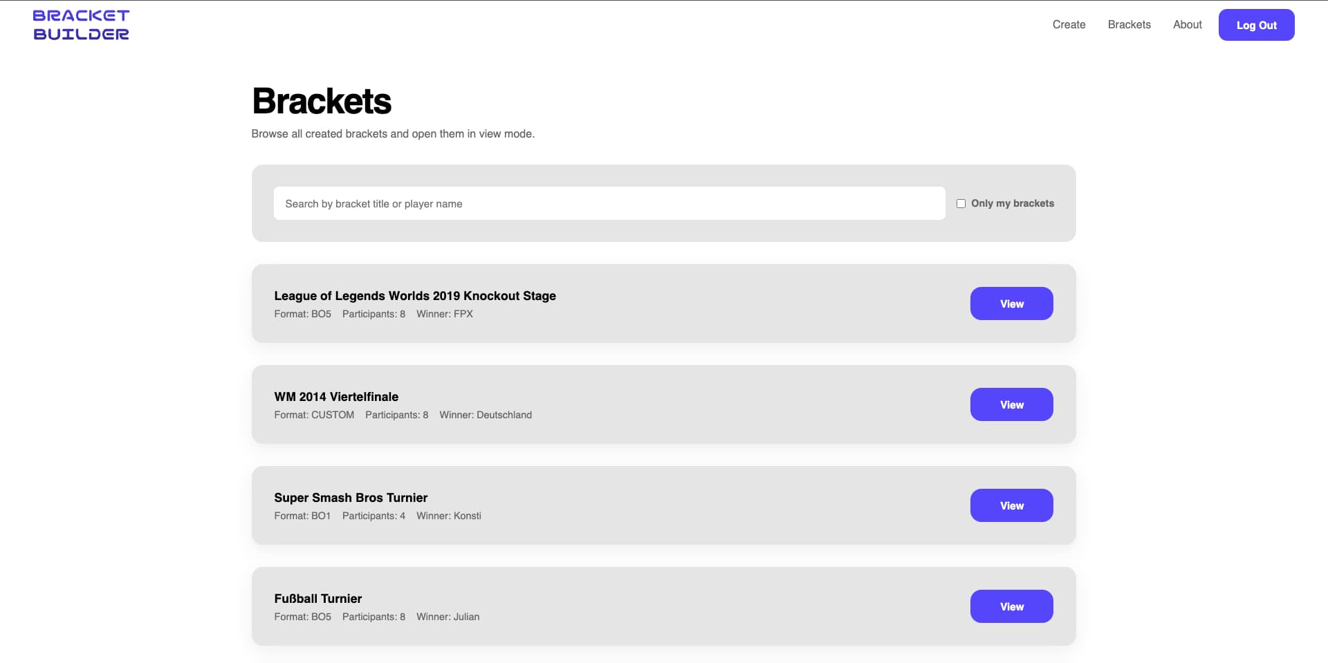 Overview of saved brackets