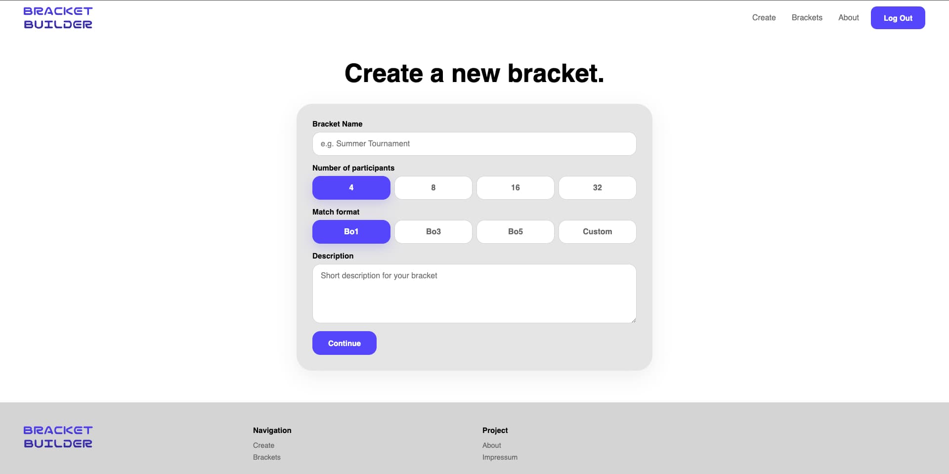 Create page: choosing participant count and match format